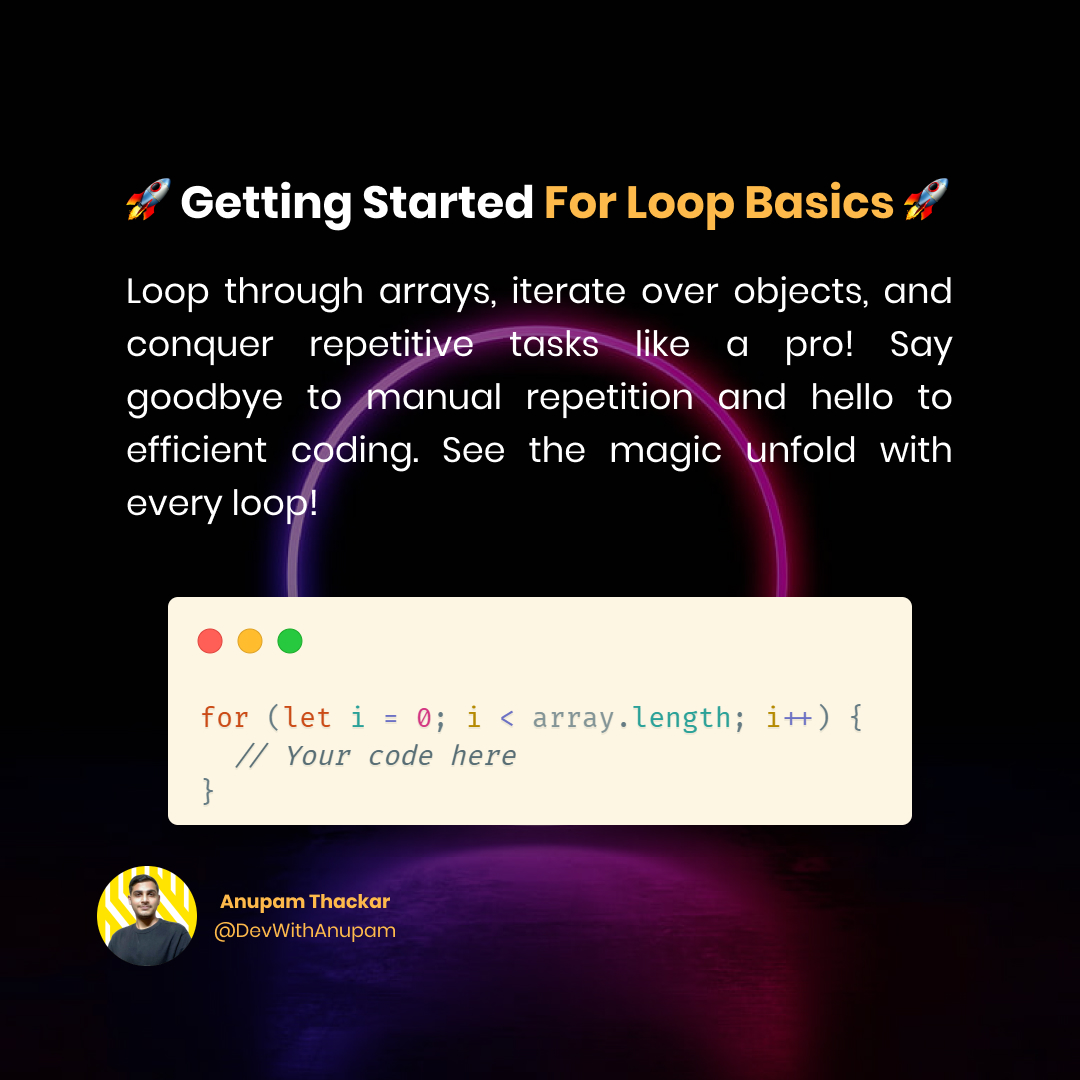 AnupamThackar67's tweet image. 🚀 Mastering JavaScript loops opens doors to efficient coding! Swipe through to learn the basics and elevate your programming skills!

#loopsinjavascript #webdevelopment #javascriptbasics #codinglife #learntocode #javascriptdeveloper #programmingtips #webdevworld #codenewbie