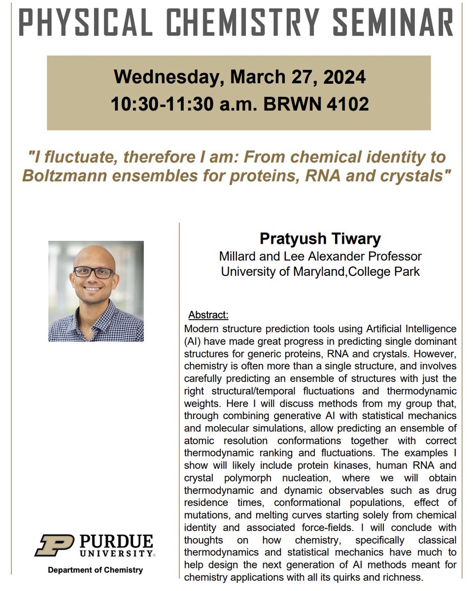 Very excited to be visiting Purdue Chemistry next week and talk about why life = fluctuations of just the right shape and size (and why this will almost certainly be beyond purely AI data-driven approaches). Many thanks to @mingche40113998 for inviting
