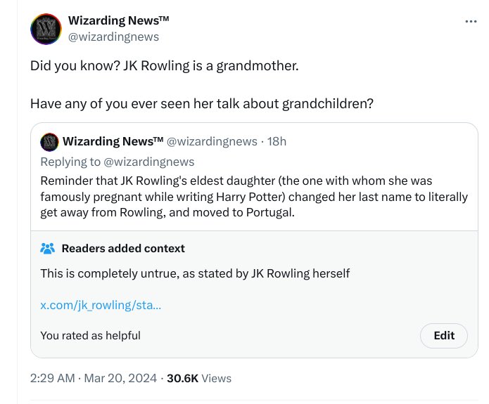 Again, completely false, @wizardingnews. I have no grandchildren. What are you gaining by posting these lies?