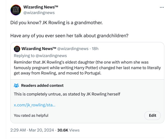 J.K. Rowling (@jk_rowling) on Twitter photo Again, completely false, <a href="/wizardingnews/">Wizarding Newsโข</a>. I have no grandchildren. What are you gaining by posting these lies? Again, completely false, <a href="/wizardingnews/">Wizarding Newsโข</a>. I have no grandchildren. What are you gaining by posting these lies?