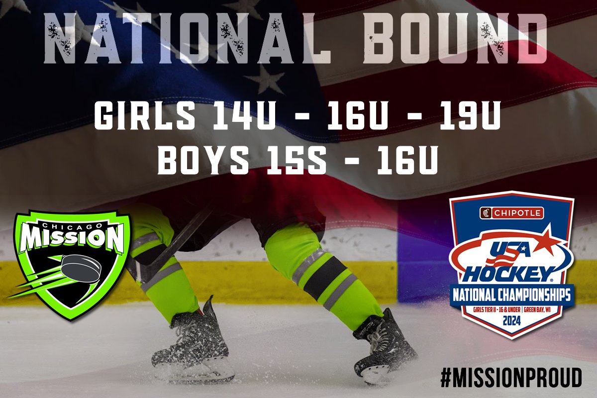 The Chicago Mission send five(5) teams to USA Hockey Nationals!

Girls: 14U - 16U - 19U
Boys: 15's &amp; 16U

CONGRATULATIONS AND BEST OF LUCK!!!

#missionproud
