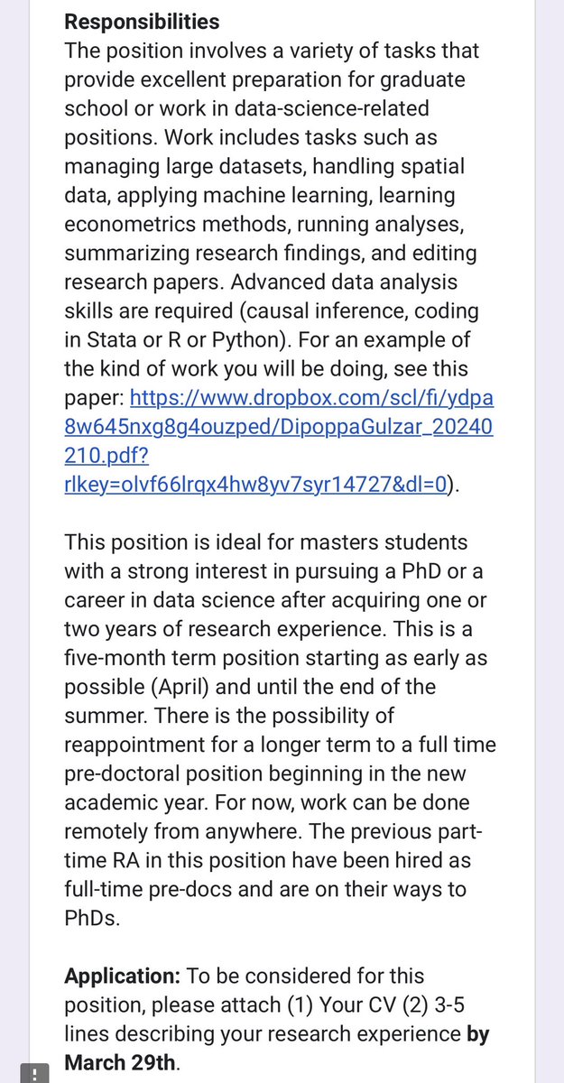 @gemmadipoppa and I are looking for an RA. Please apply by March 29 with your CV and a few lines about your research experience. 🙏🏽 cc @econ_ra