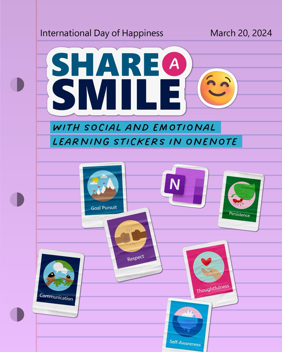 Celebrate International Day of Happiness with smile-worthy stickers in #OneNote! 😊 Using stickers boosts #SEL and shows your students how much you appreciate their hard work. Try it now! msft.it/6012clA2A #MIEExpert