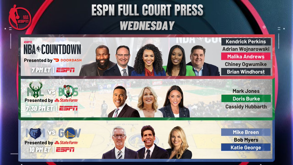 Wednesday, ESPN presents an #NBA doubleheader 🏀 7p ET | NBA Countdown 🏀 7:30p ET | #FearTheDeer vs #DifferentHere 🎙 @MarkJonesESPN, @heydb, @CassidyHubbarth 🏀 10p ET | #BackToTheGrind vs #DubNation 🎙 Mike Breen, Bob Myers, @Katie_George05