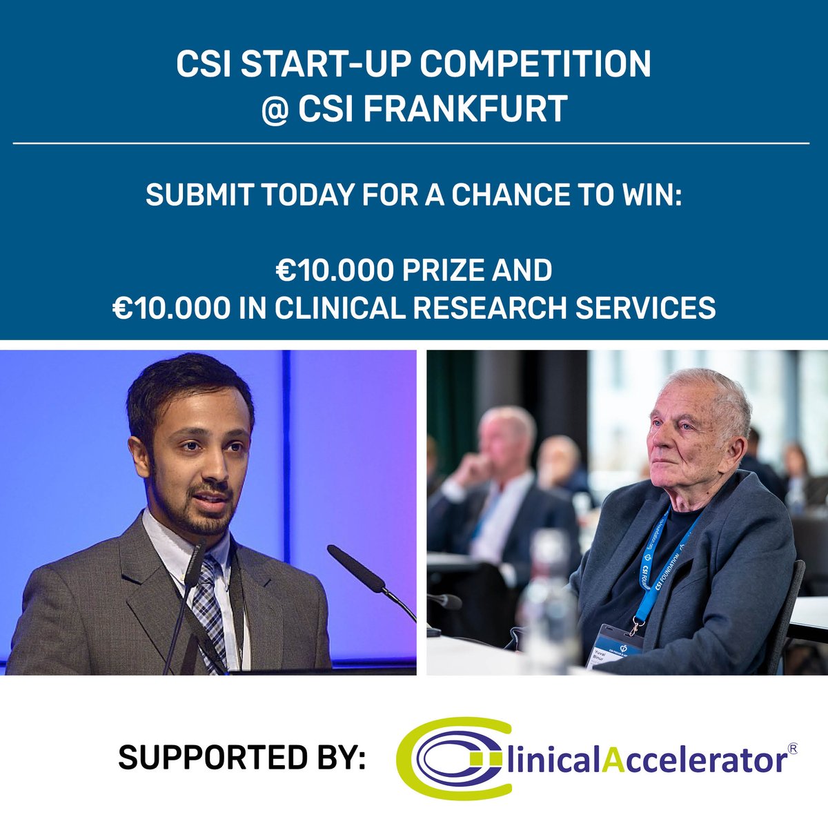 We are proud to announced that with the support of Clinical Accelerator, we will be giving away a great prize for the CSI Start-up competition winner: €10.000 prize & research services worth another €10.000!  Submit here: lnkd.in/ehiiCdy3 Deadline: May 17, 2024