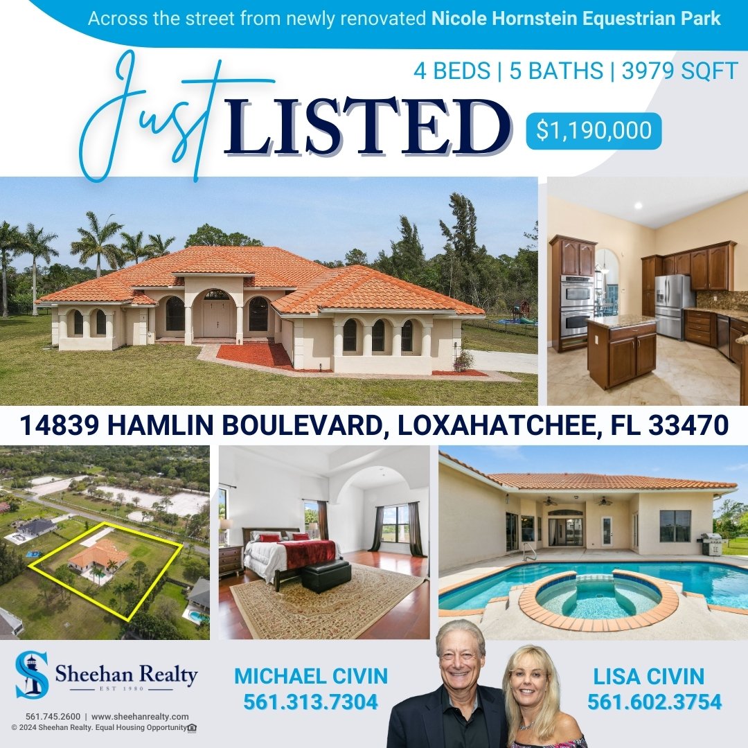 14839 Hamlin Boulevard, Loxahatchee, FL 33470
4 beds  |  5 baths  |  3979 sqft, $1,190,000
This home is an equestrian lovers dream!Across the street at the new renovated Nicole Hornstein Equestrian Park. Learn more -> bit.ly/3x3xbfo