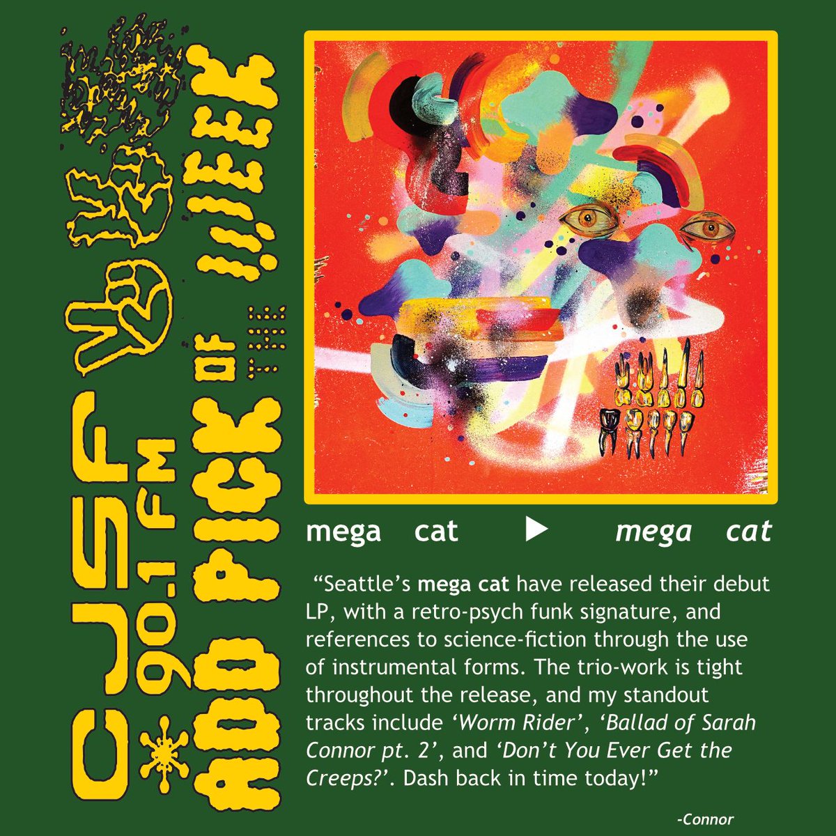 CJSF's tweet image. Our #ChartPicks come early this week, ft. mega cat&apos;s &quot;mega cat&quot; as today&apos;s #CJSFPick + @KatyKirby_, @0800shygirl + more on the #CJSFCharts for the week of Mar. 15, 2024! 

🎧 Listen to our Charts at buff.ly/3Gx1J8x...

#CJSFMusic #radio #campuscommunity #sfu #burnaby #bc