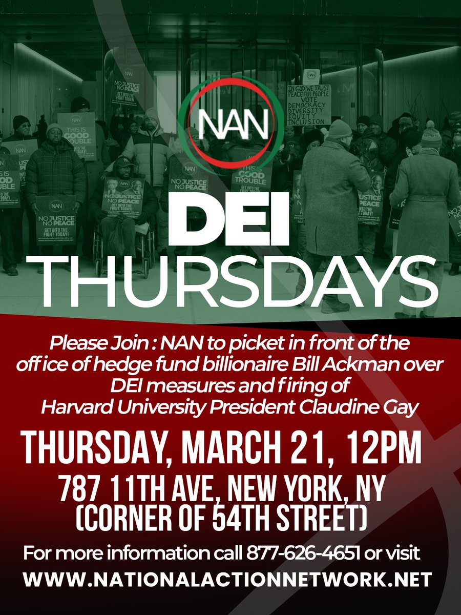 📢Stand with us in the fight for DIVERSITY, EQUITY, and INCLUSION! Join Rev. Al Sharpton and the National Action Network every Thursday at 12 PM outside Bill Ackman’s office to protest his campaign against DEI. Together, we can make a difference✊🏾 #DEI #DEIThursdays #NAN