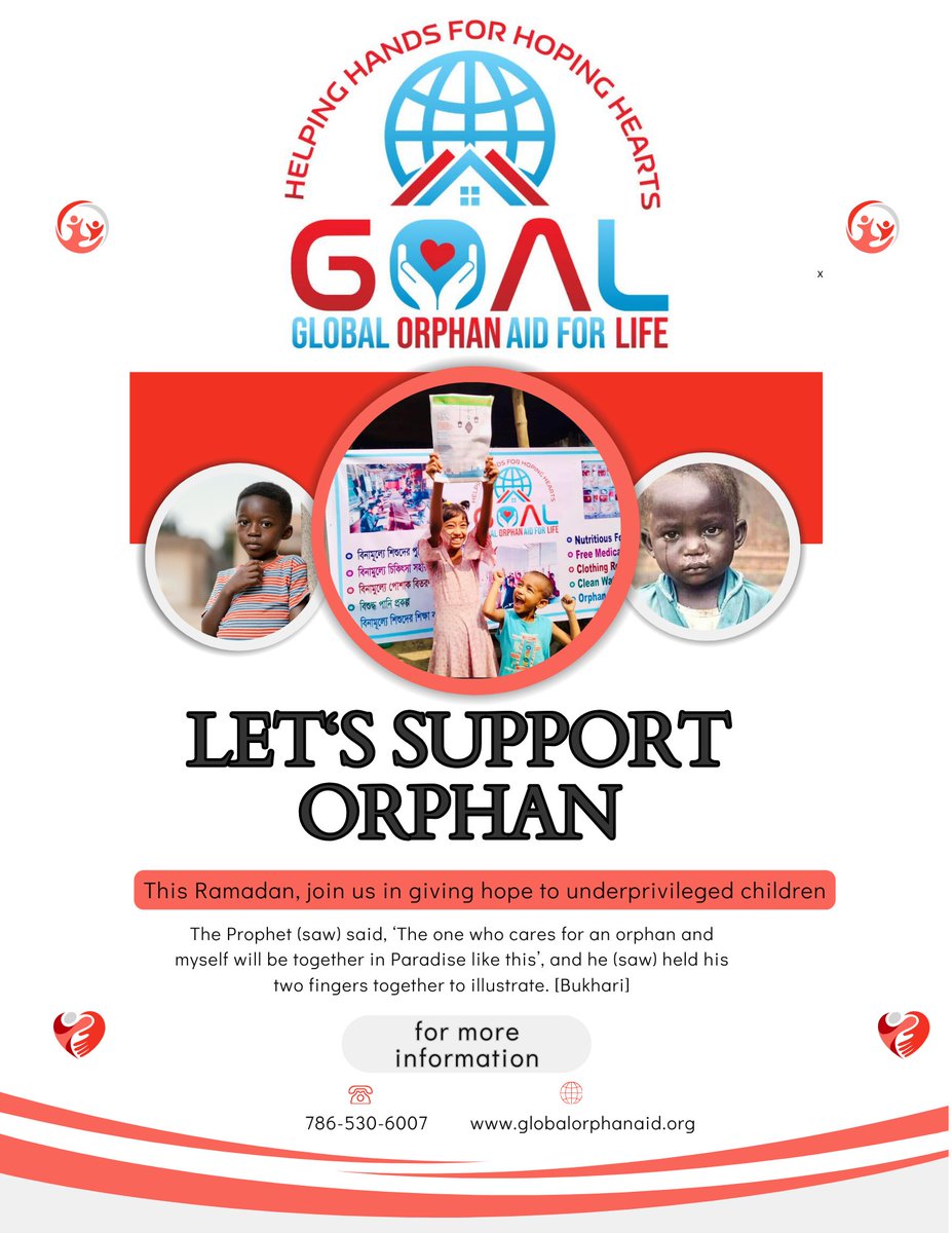 Support_GOAL's tweet photo. "Ramadan is a time for compassion and giving. Together with Global Orphan Aid for Life Inc., let's empower children to stand on their own feet and break free from poverty. Join us in spreading hope and love this Ramadan. #RamadanBlessings #GlobalOrphanAid #EmpowerChildren" https://t.co/cBwKV7rPCX