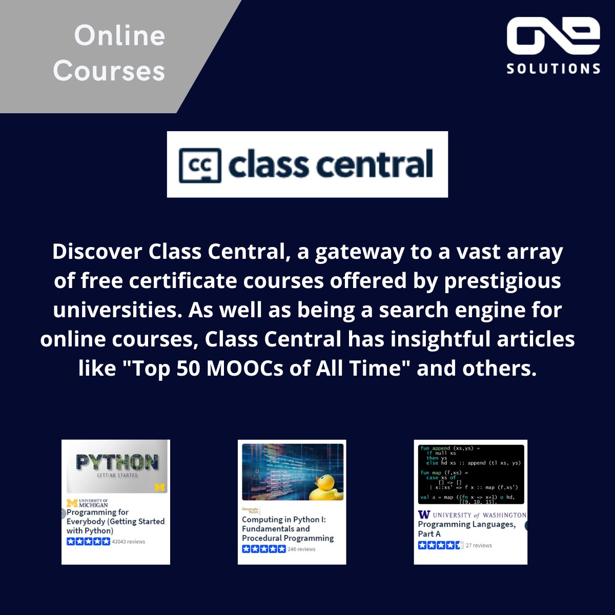 OneSolutionsWeb's tweet image. 🌟📚 Online courses

With so many alternatives available online, a course search engine is helpful. 🌟

🎓💻#ClassCentral #OnlineLearning #InteractiveEducation #onesolutionsweb #softwaredevelopment #outsourcing