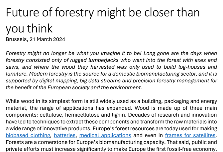 🌳On this International Day of Forests, let's remember that the forest-based sector is at the forefront of #innovation, always improving how the forests are managed and how the resource is used as raw material, for a resilient and sustainable future🪵
👉 bit.ly/43yCjEw