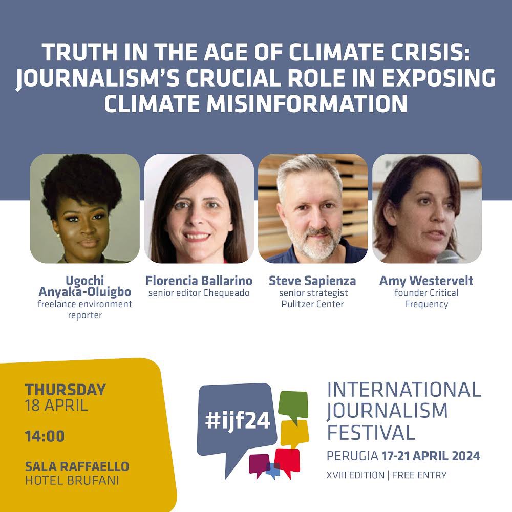 Save the Date! 🔴'Truth in the age of climate crisis: journalism's crucial role in exposing climate misinformation'. #ijf24 with @UgoGreenAngle @FlorBallarino @saptwit @amywestervelt 🎥 Live & On Demand > on Thu, Apr 18th journalismfestival.com/programme/2024…