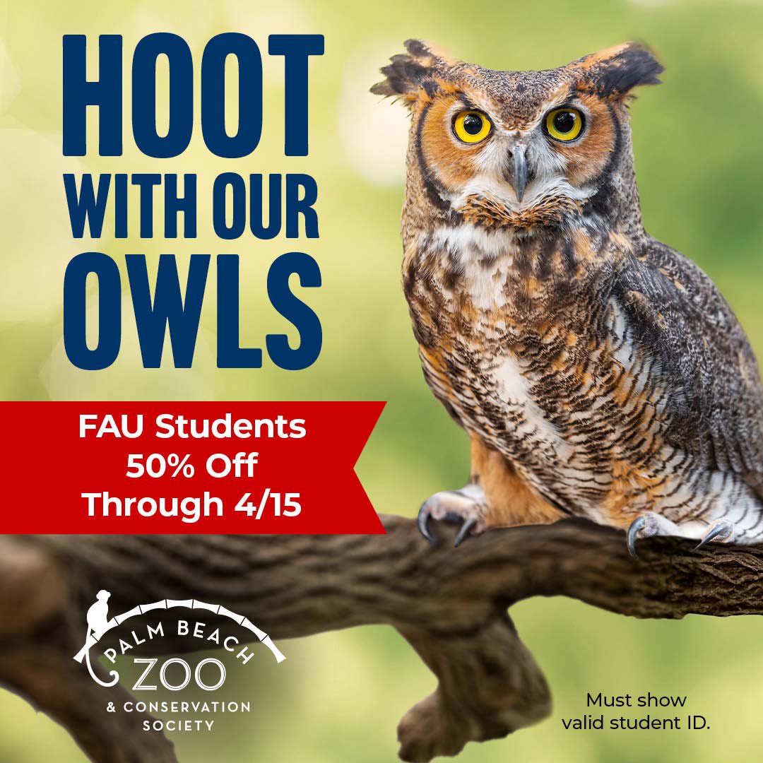 Congratulations to FAU NCAA Men's Basketball team for making the tournament!

Palm Beach Zoo &amp; Conservation Society wants to celebrate this milestone with FAU students and faculty by offering them 50% off general daily admission for their entire party through 4/15/2024.