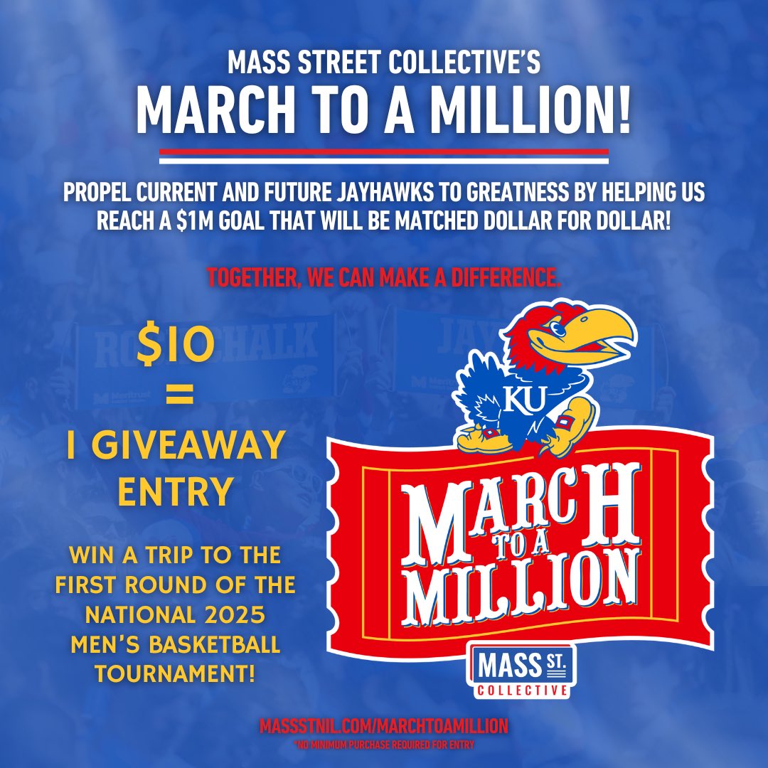 Champion the future of KU student-athletes through Mass St. Collective’s March to a Million!   The fundraiser will unite all Jayhawk fans toward a $1M milestone, matching a $1M anonymous gift already given to the collective. Donate today at bit.ly/MarchtoaMillion Rock Chalk!!