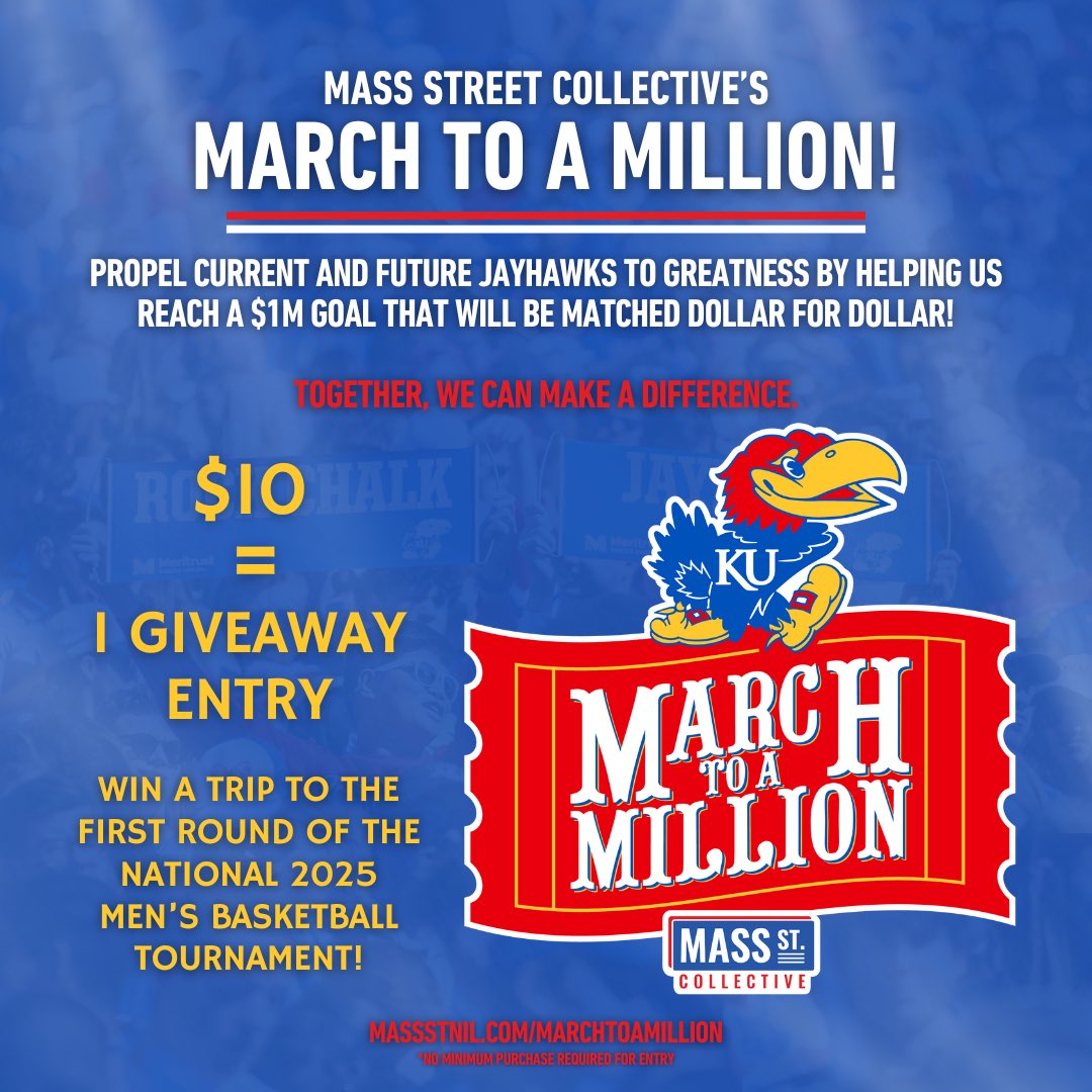 Champion the future of KU student-athletes through Mass St. Collective’s March to a Million!
 
The fundraiser will unite all Jayhawk fans toward a $1M milestone, matching a $1M anonymous gift already given to the collective. 

Donate today at bit.ly/MarchtoaMillion

Rock Chalk!!