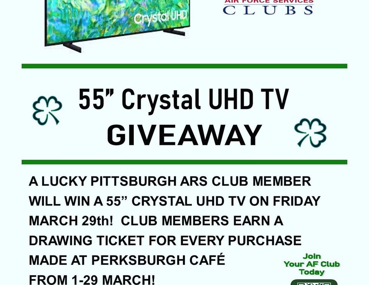 FREE Monthly Club Membership Breakfast Thur March 21st at Perksburgh Cafe 0630-0900. Club Members joining us for Membership Breakfast this month will receive a drawing ticket for the Crystal UHD TV! Join today myairforcelife.com/club-membershi… We also send out a welcome to our new Members!