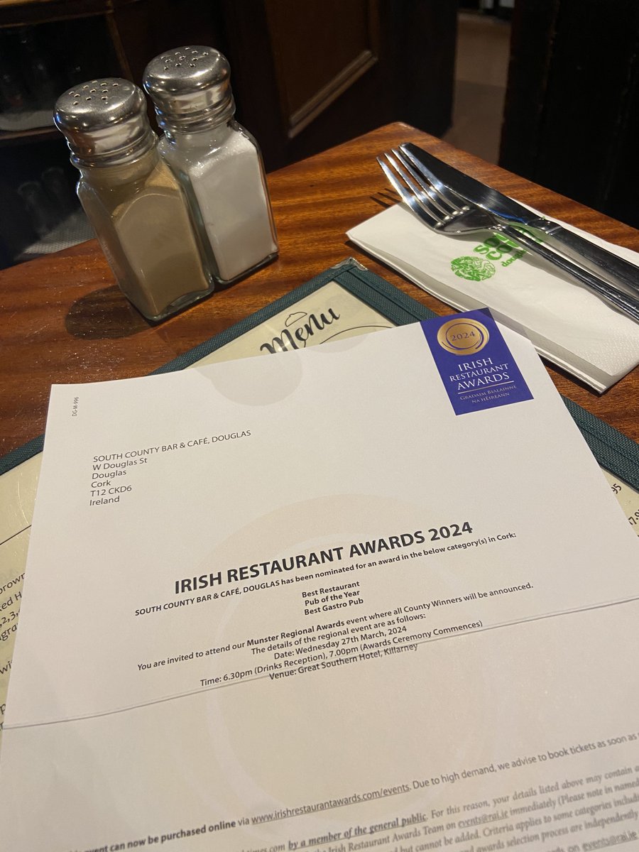 Good News ! 🙂We are really thrilled to have been recently nominated by our customers for the 2024 Irish Restaurant Awards !   🍴🥂Well done to our hardworking team !👏      @SouthCountyBar 
 #foodoscars      @RAI_ie       @restawards