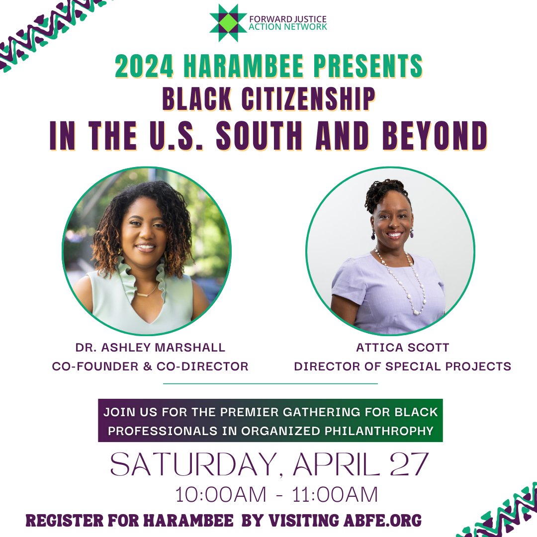 _FJAN_'s tweet photo. Join our Co-Founder &amp; Co-Director Dr. Ashley Marshall + our Director of Special Projects Attica Scott, next month at the ABFE: A Philanthropic Partnership for Black Communities Harambee conference. 

REGISTER HERE ➡️ https://t.co/xduRRWWsPv https://t.co/U0vQ9h7MsO