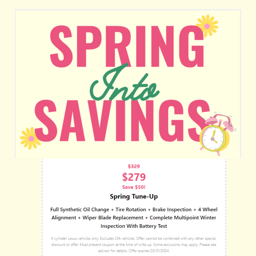 Spring into savings with our Spring Tune-Up Package!
🛞 Oil Change
🛞 Tire Rotation
🛞 Brake Inspection
🛞Wiper Blade Replacement
🛞4 Wheel Alignment
🛞 Multipoint Inspection

Visit our website at stevinsonlexusoffrederick.com/specials-servi… to schedule your next service!