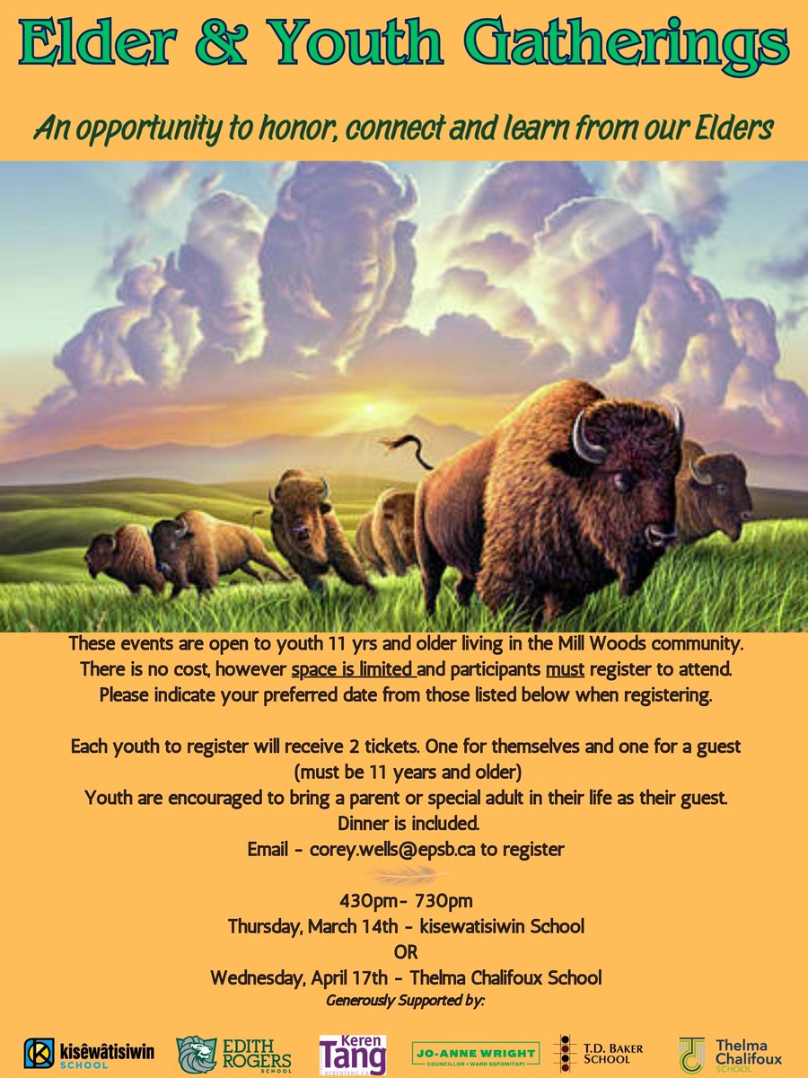 I am happy to sponsor a series of Elder & Youth Gatherings at kisêwâtisiwin School & Thelma Chalifoux school. The event at Thelma Chalifoux is April 17 from 4:30-7:30 - free but registration is required. Please email corey.wells@epsb.ca to register. #yeg #yegcc #wardsspomitapi