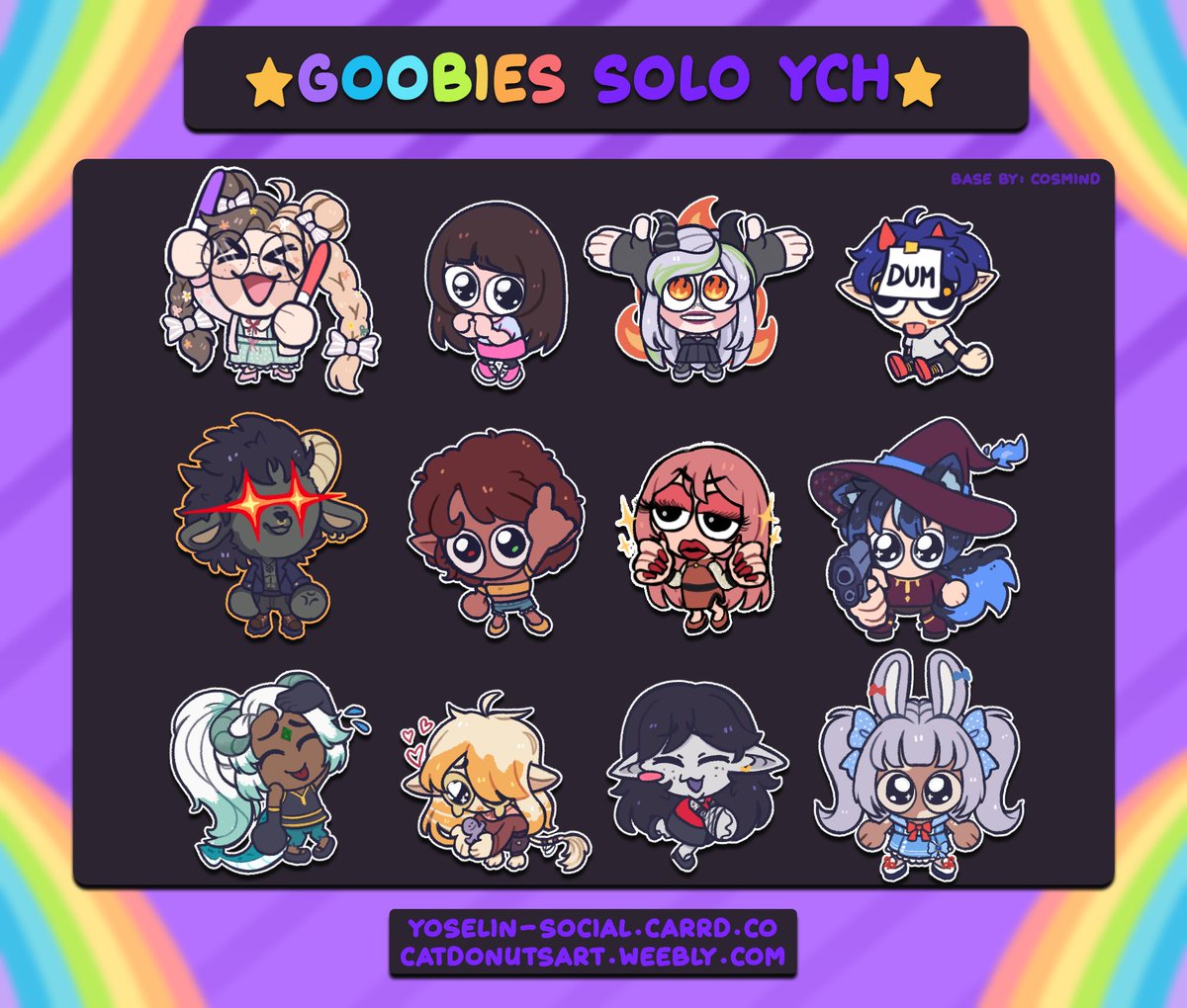 🌷•♡• SALE Goobies YCH •♡•🌸🌷

☕If you want to order, you can buy it in my Kofi☕
❤Solo: ko-fi.com/c/b6a94e3deb
💕Couple: ko-fi.com/c/71d84ba7a4
  
💟Are appreciated ♡ + ↻   

💌Feel free to DM me if you are interested!
🛐Base by CosmindArt 

#YCH #Chibi #Vtuber
