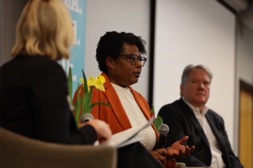 Keira Amstutz, CEO of Indiana Humanities, moderating INconversation with Milele Kennedy <a href="/MileleK/">Milele Kennedy</a>, Director of the Office of Public Health and Safety and Co-Chair of the Indianapolis Food Access Advisory Commission, and Fred Glass, CEO of Gleaners Food Bank <a href="/GleanersFBIndy/">Gleaners Food Bank of Indiana</a>.