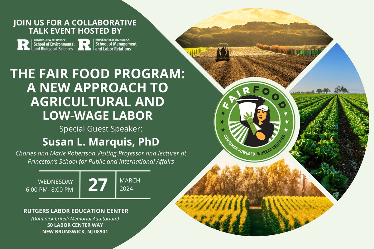 Join us at the Labor Education Center on March 27 from 6-8pm to learn about The Fair Food Program. There will be a reception with some hors d'oeuvres and beverages. Register here to attend: rutgers.ca1.qualtrics.com/jfe/form/SV_di…
