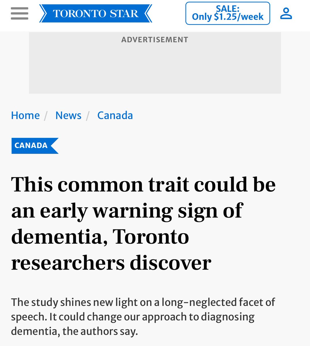 An interesting study in a good direction. A larger & more diverse sample size will be important considering the role one's life experiences & cultural background play in one's speech abilities. Thank you, Toronto Star, for interview. #dementia #research thestar.com/news/canada/th…
