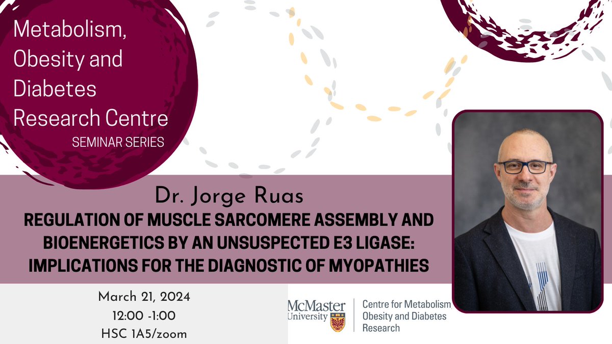 Join us tomorrow for a #MODRseminar with Dr. Jorge Ruas, University of Michigan Medical School. His research focuses on how #exercised or sedentary #skeletalmuscle cross-talks with other organs, &the ensuing implications for individual health & disease. 🔗…bolism-research.healthsci.mcmaster.ca/events/modr-se…