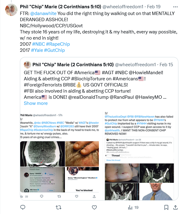 wheeloffreedom1's tweet photo. Hey @danawhite, I'm 58yo, close to being killed by @NBCNews @HowieMandel w/ their 2007 #DealOrNoDeal #RapeChip causing🛰️5G📶⚡️pain, injuries, &amp; growths (tumors?) from biochips, 
Can you promote a fight btwn #HowieMandel &amp; myself? 
or even #NBC executives vs me? 
@realDonaldTrump https://t.co/hcjiQh7Myh