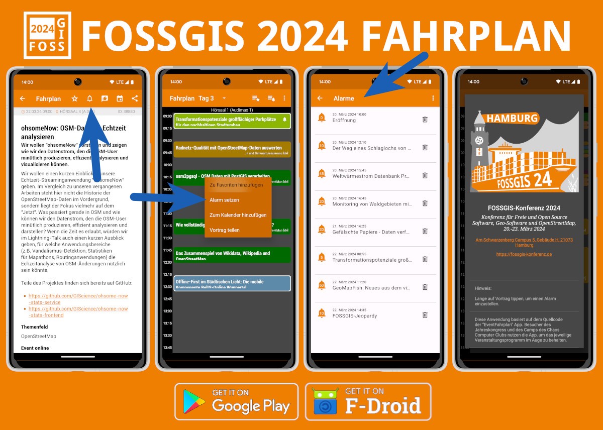 tbsprs's tweet image. Interessante Pausengespräche 💬 auf der FOSSGIS-Konferenz können tückisch sein. Aber mit der Alarm-Funktion 🔔 verpasst du deinen Lieblingsvortrag bestimmt nicht.
🛒 f-droid.org/packages/info.…
🛒 play.google.com/store/apps/det…
#FOSSGIS #FOSSGIS24 #FOSSGIS2024 #fahrplan
@FOSSGIS_Konf
