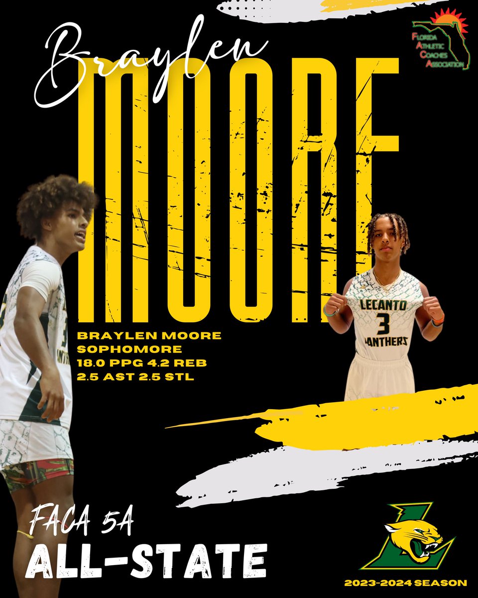 Congratulations Braylen Moore for receiving FACA 5A All-State selection. Braylen backed up a stellar freshman season with a fantastic sophomore one. Braylen helped the Panthers to a  21-7 season and another State playoff appearance. <a href="/Braaylenn/">Braylen Moore</a>