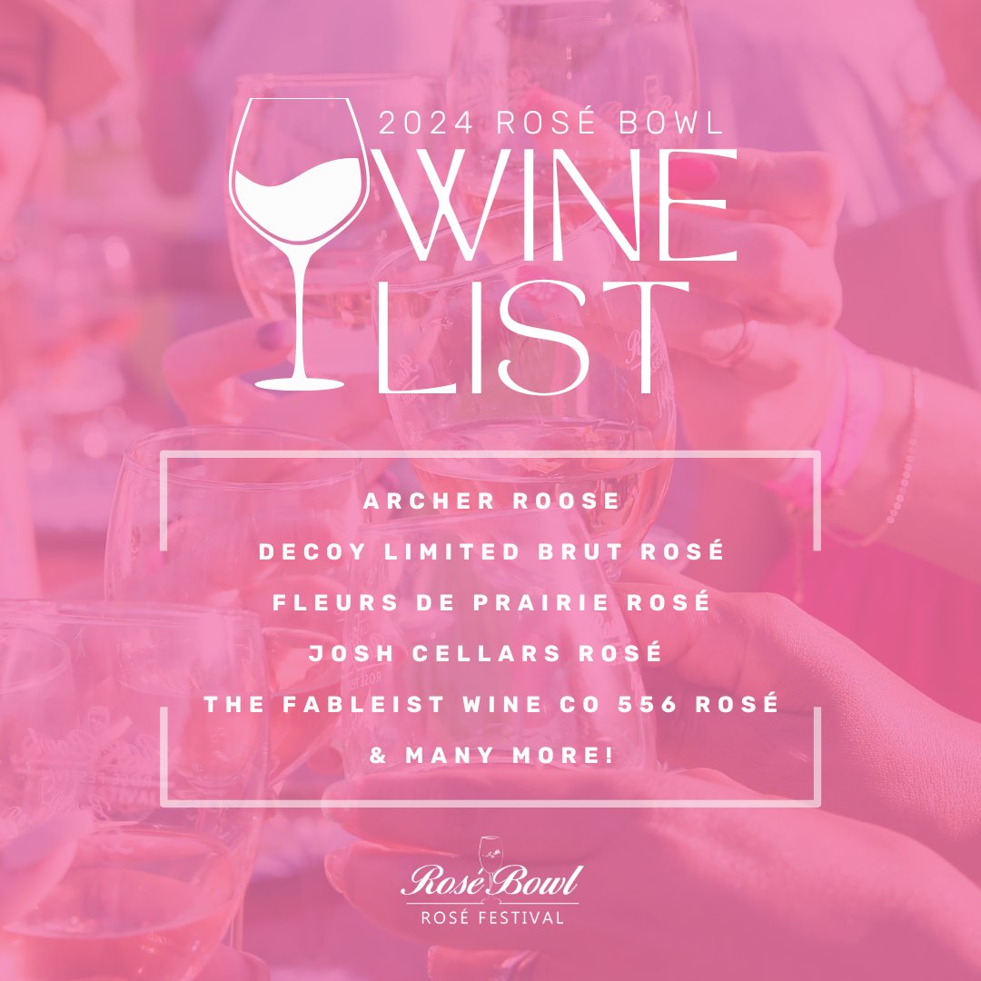 The 2024 Rosé Bowl Wine List has just been announced! 🥂View the full wine list here: bit.ly/RoseBowl2024Wi… Cheers with us on Saturday, April 20th with unlimited pours of 40+ rosé wines. Reserve your spot now! #RoseBowl #RoseFestival