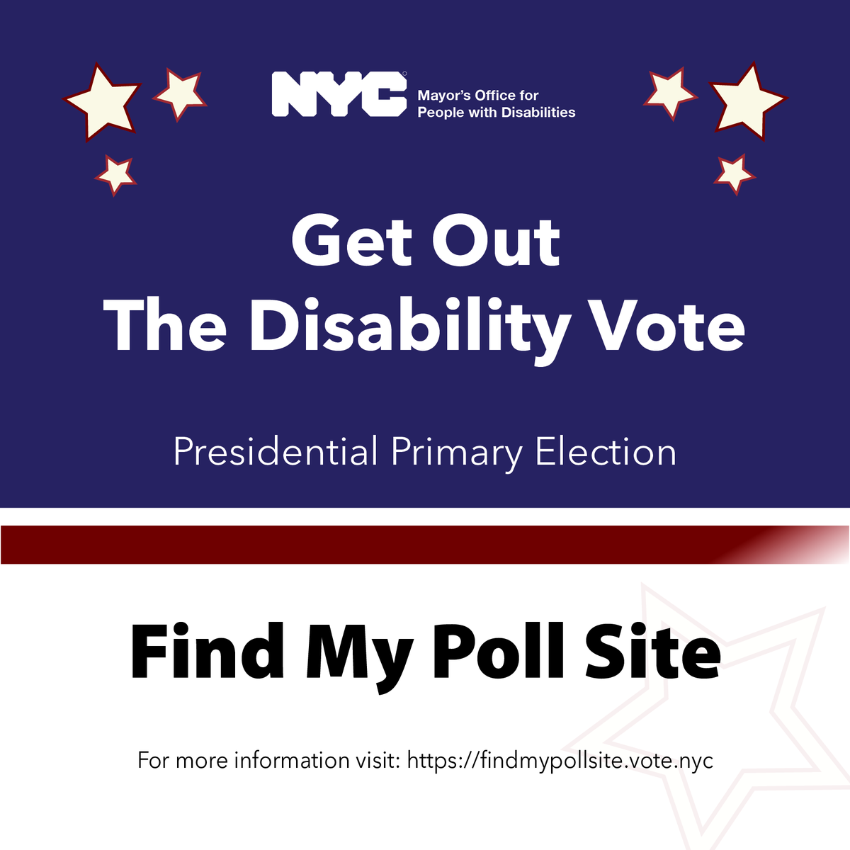 Visit the Board of Elections website and enter your address to find your poll site. For more information visit: on.nyc.gov/2HjOFug