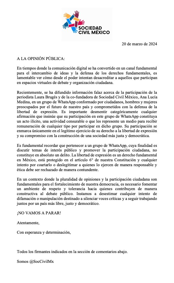 Por favor comenta, si apoyas suscribe y comparte. Gracias.
----------------------------------

Nuestro posicionamiento respecto de las menciones en "La Mañanera" de hoy.

Gracias.
