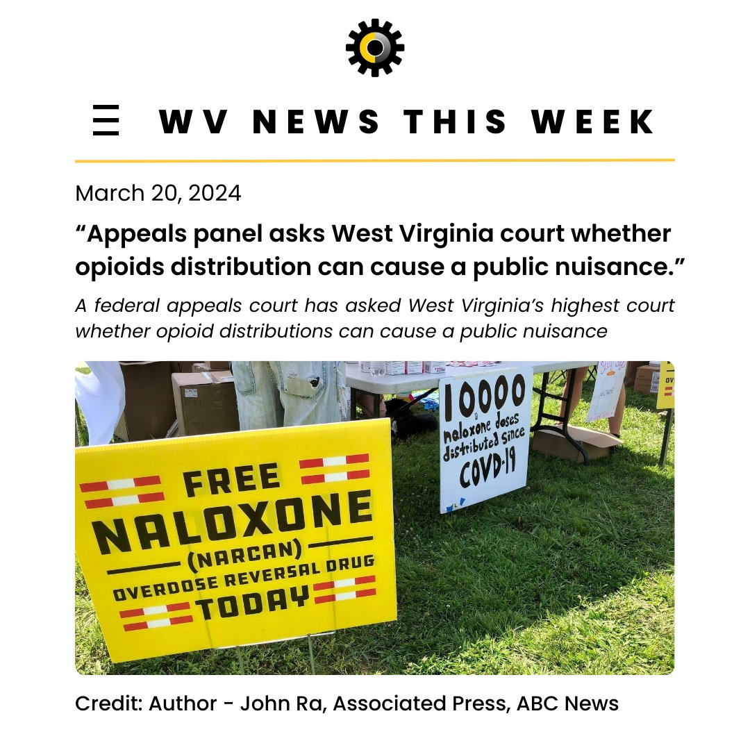 'A federal appeals court has asked West Virginia’s highest court whether opioid distributions can cause a public nuisance.' Read more about the article below! cutt.ly/WVappeal