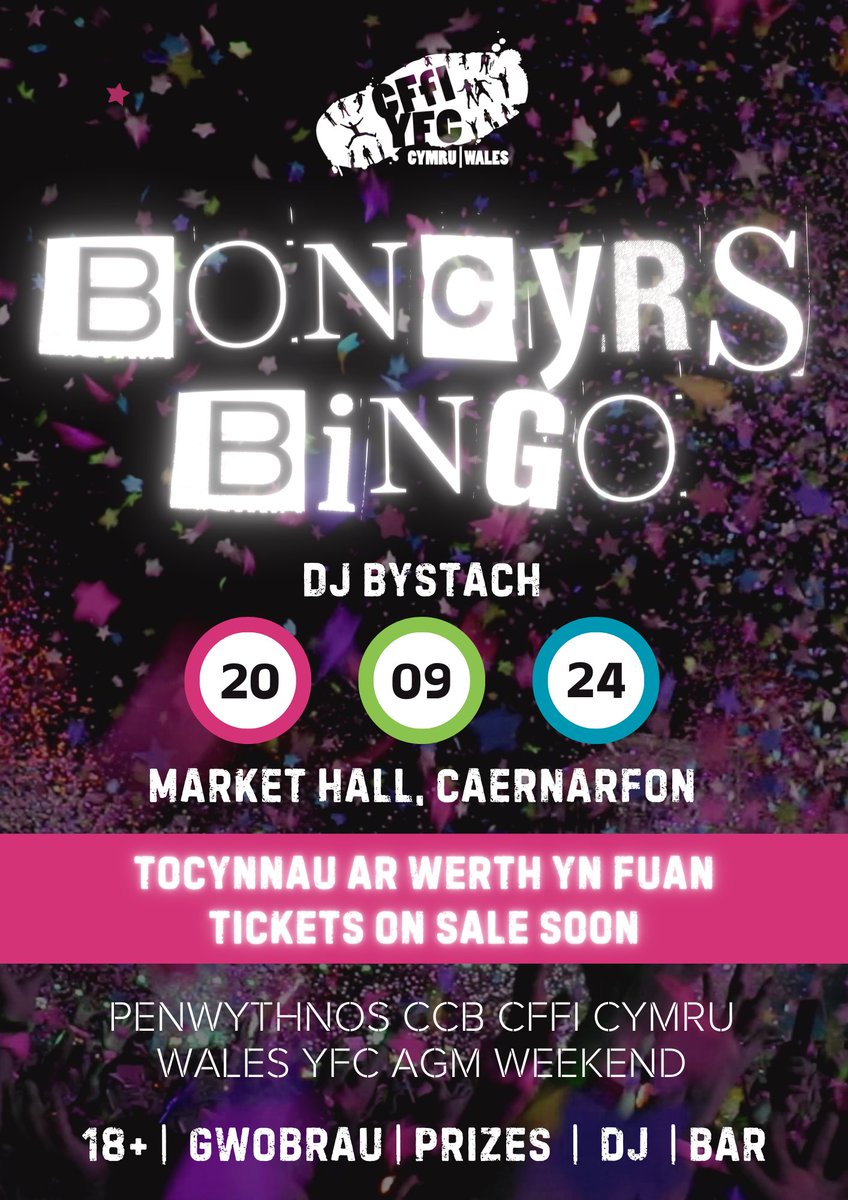 The Wales YFC AGM is only 6 months away! This year we will be heading up to Caernarfon in North Wales. The weekend will kick start with DJ Bystach's Boncyrs Bingo. Keep your eyes peeled for more announcements over the coming weeks 👀 🎟️ Tickets on sale soon!