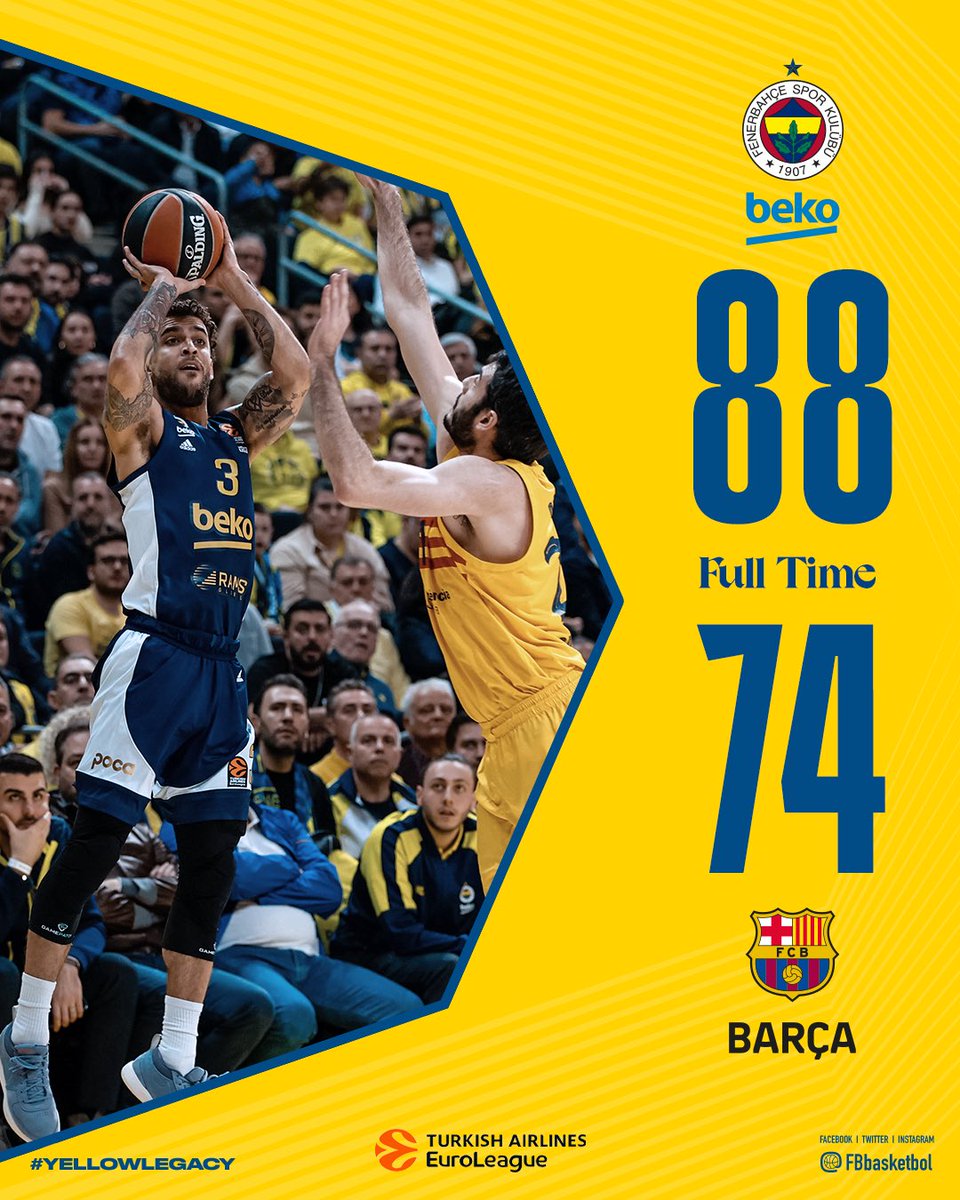 Maç Bizim! 💪 Tebrikler Fenerbahçe Beko! 👏 Maç Sonucu | Fenerbahçe Beko 🆚 @FCBbasket: 88-74 Skor dağılımımız: Wilbekin 18, Guduric 13, Calathes 13, Biberovic 12, Hayes-Davis 12, Motley 9, Dorsey 4, Pierre 3, Noua 2, Sertaç 2. #YellowLegacy