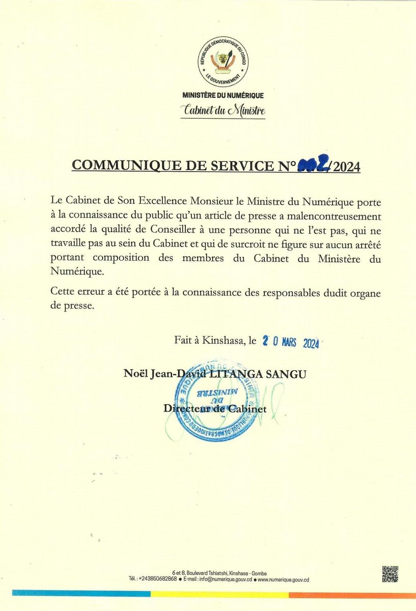 Le Cabinet de SEM le Ministre du Numérique porte à la connaissance du public qu'un article de presse a malencontreusement accordé la qualité de Conseiller à une personne qui ne l'est pas.

Cette erreur a été portée à la connaissance des responsables dudit organe de presse.
