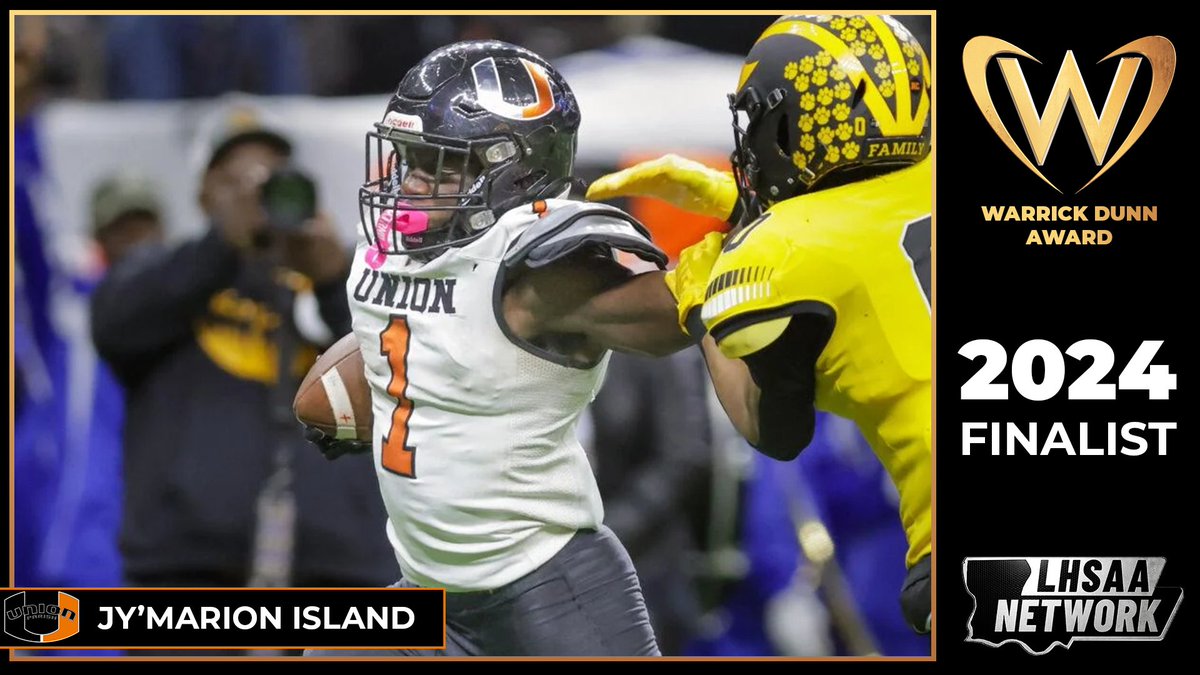 Our next finalist for the 2024 Warrick Dunn Award is Union Parish RB Jy'marion Island! Island helped lead the Farmers to the state title and scored the winning 2pt conversion in the championship! 

Learn more about Jy'marion and the other finalists tonight on the LHSAA Network's