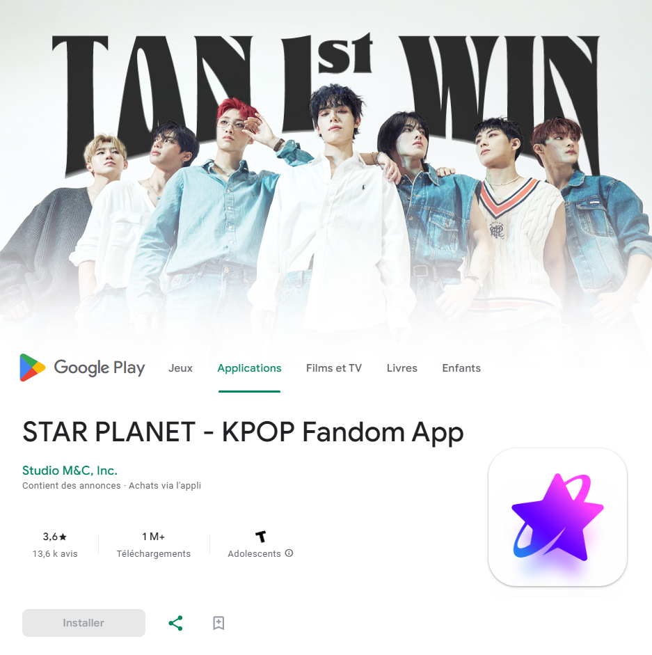 ｢TAN 1st WIN｣🏆🇬🇧

The voting application we'll be using for #1stWinForTAN is Star Planet. You can now collect the jellies you'll need to vote for the boys on The Show!
 
You can find the Star Planet app by following these links* -