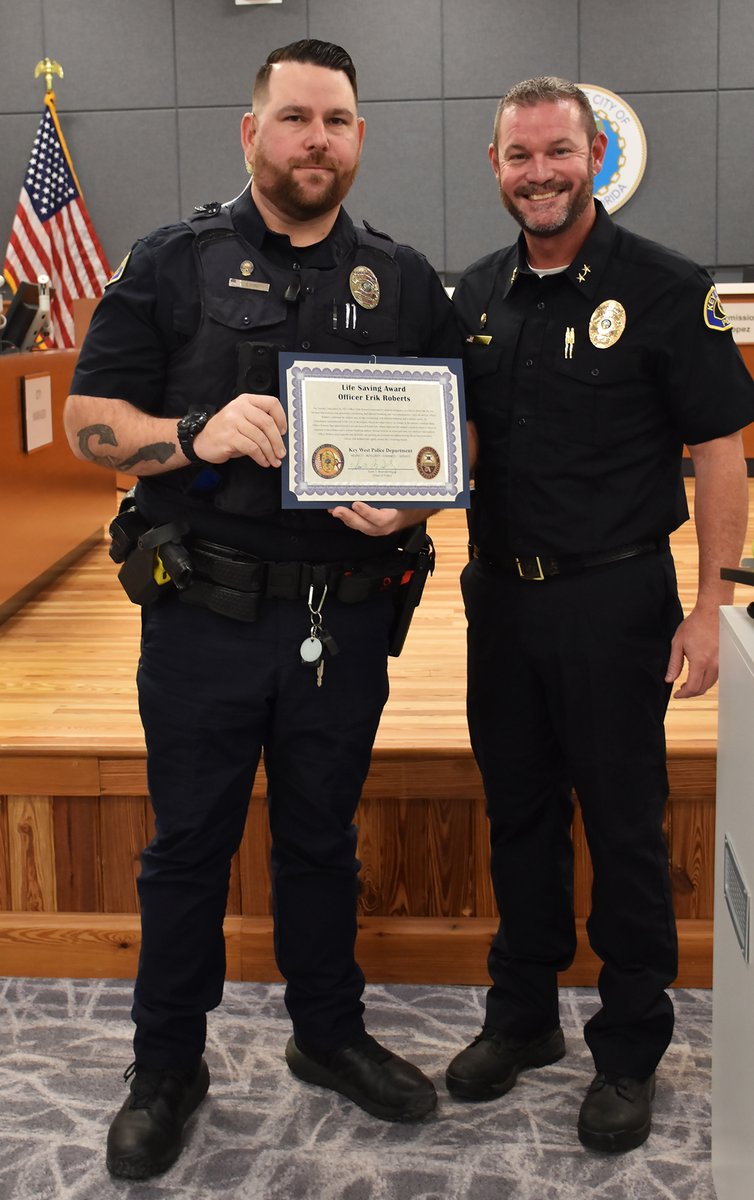 During a recent awards ceremony at City Hall, Officer Erik Roberts was awarded the Key West Police Lifesaving Award, presented by Deputy Chief Randy Smith.