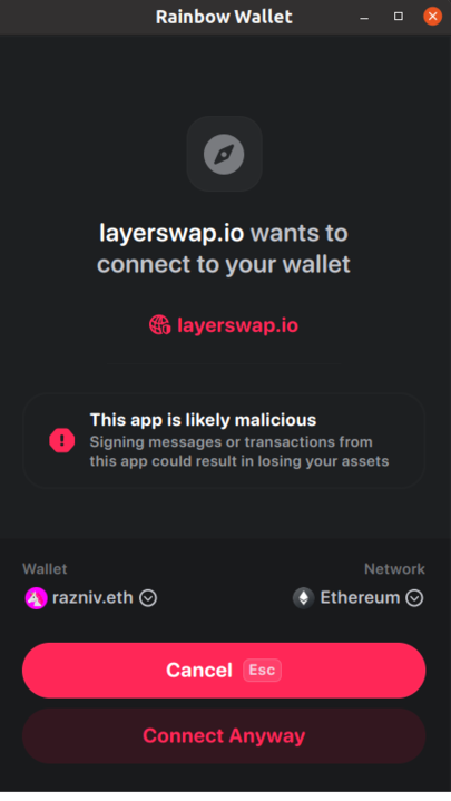 🚨 We’ve detected that @layerswap website has been compromised! 🚨 All Blockaid enabled wallets are protected.
