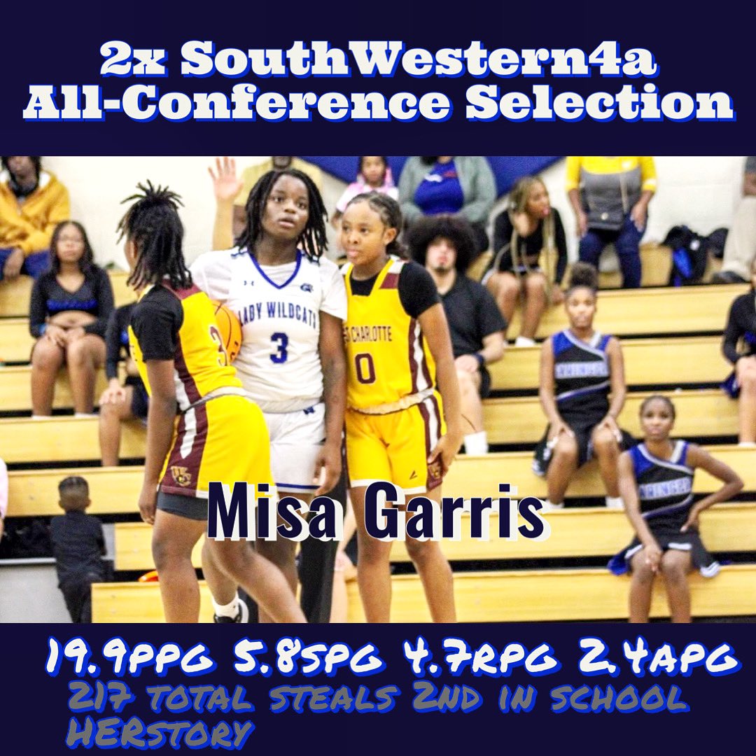 26' Misa Garris earned her second All-Conference
Selection and becomes the schools 2nd All-Time steals leader.
- 45 Total Games
- 857 total Points
- 217 total Steals
- 210 total Rebounds