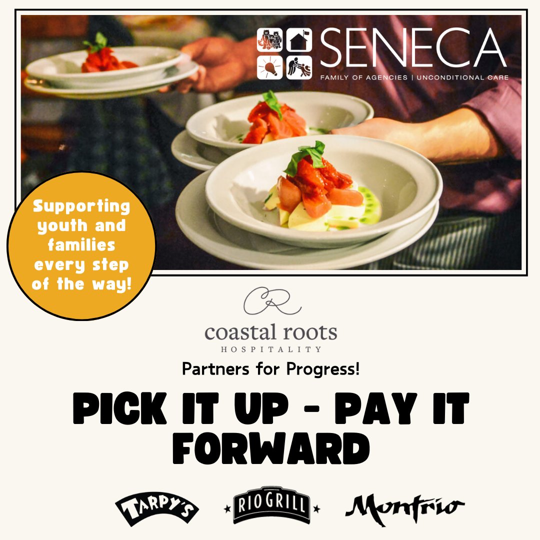 Order take-out from Tarpy's Roadhouse, @Montrio_Bistro & @RioGrill throughout March & April to amplify the impact of Coastal Roots Hospitality's #PickItUpPayItForward campaign! 10% of your order will go directly to supporting Seneca’s services. 💸