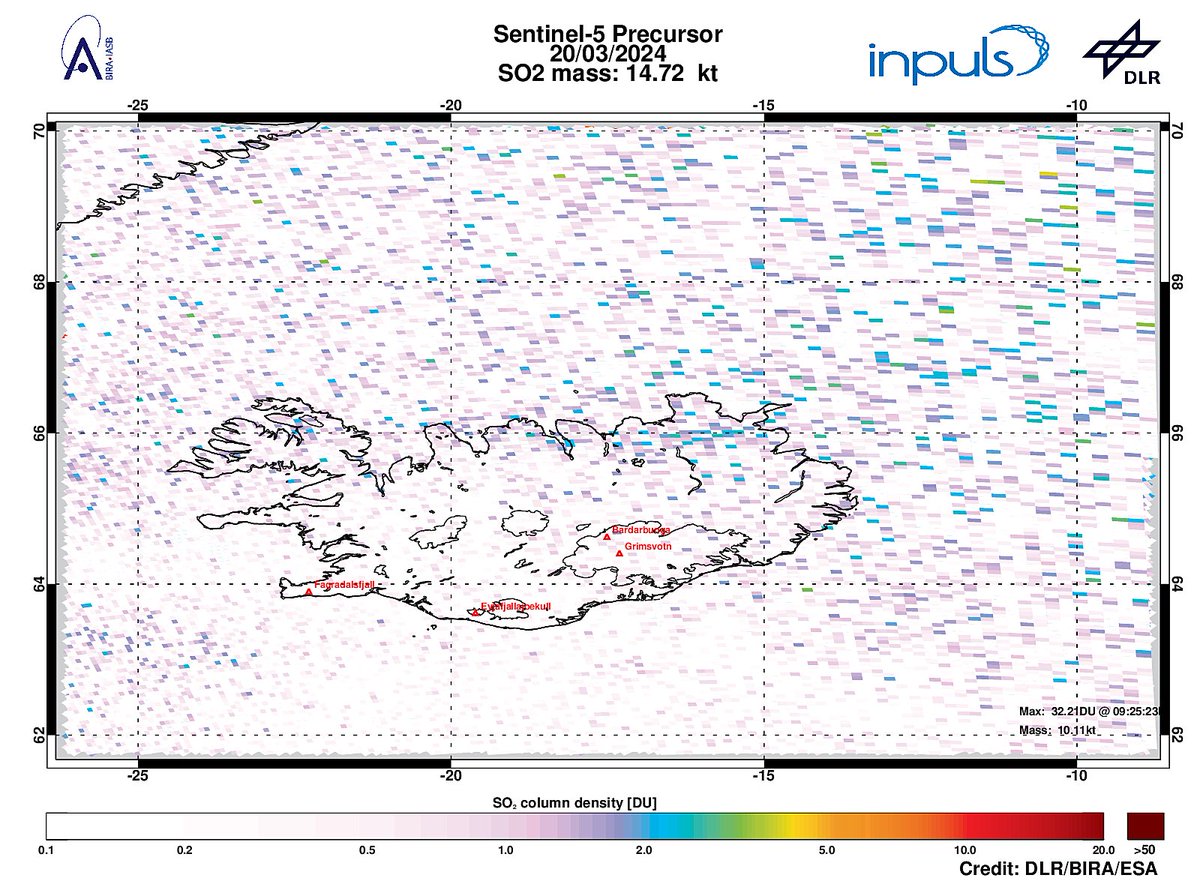 On 2024-03-20 #TROPOMI has detected an enhanced SO2 signal of 4.68DU at a distance of 143.7km to #Bardarbunga. Other nearby sources:  #Grimsvotn. #DLR_inpuls @tropomi #S5p #Sentinel5p @DLR_en @BIRA_IASB @ESA_EO #SO2LH