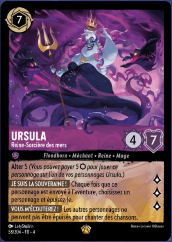 LorcanaFr's tweet photo. 🔥Reveal🔥
3 eme légendaire
Ursula
🟪 Alter 5
7🎨4⚔️7🛡️3✨
Qui empeche tous les autres personnages de chanter!!
#lorcanaspoil #reveal #amethyste https://t.co/ymI80d5RcQ
