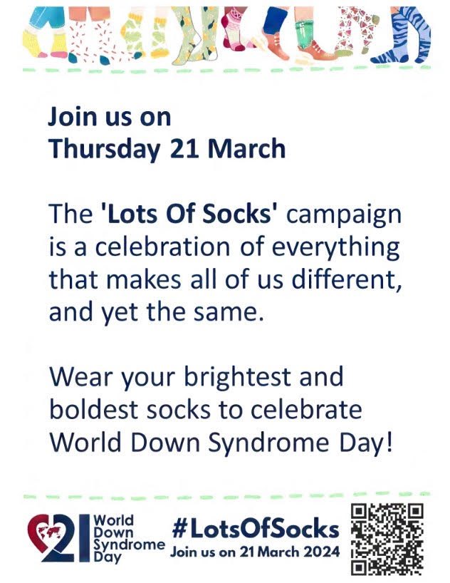 Tomorrow is #WorldDownSyndromeDay! We invite you to join us in wearing your favorite crazy socks 🧦 🧦 as we celebrate all the things that make us different, yet the same 🙌🏻 💛💙 @SomervilleHSNJ @GFoleySHS @TanyaEMcDonald #LotsOfSocks #RockYourSocks