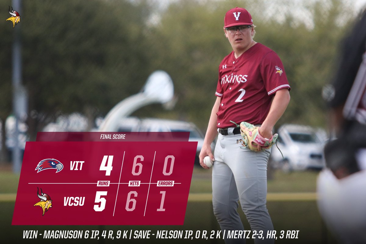 VCSU Vikings (@vcsuvikings) on Twitter photo ⚾️ Vikings take Game 1!
Final: VCSU 5, Viterbo 4
Win - Magnuson 6 IP, 4 H, 4 R, 9 K
Save - Nelson IP, 0 R, 2 K
Mertz 2-3, HR, 3 RBI
Rozdeba 1-3, HR
Scruggs 1-3, RBI ⚾️ Vikings take Game 1!
Final: VCSU 5, Viterbo 4
Win - Magnuson 6 IP, 4 H, 4 R, 9 K
Save - Nelson IP, 0 R, 2 K
Mertz 2-3, HR, 3 RBI
Rozdeba 1-3, HR
Scruggs 1-3, RBI