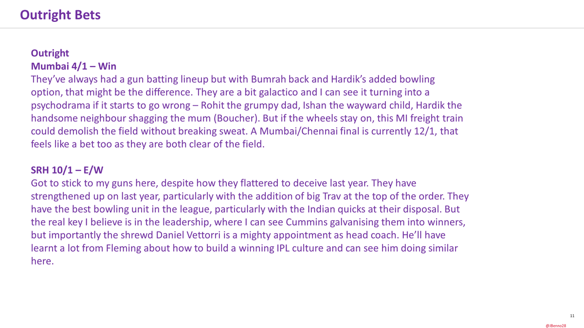 Thank God for the IPL starting now given the state of jumps racing. I scribbled some punts to share with mates and thought I'd ping on here.

jmp.sh/s/J2IF0vIjAyM4…

Full team-by-team and top bat/bowler bets on the link above (couldn't share a pdf)👆

Headline summary below 👇